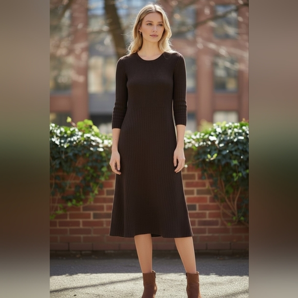 Eileen Fisher Dresses & Skirts - Eileen Fisher Dark Brown Wool Pleated  Scoop-Neck Long-Sleeve Dress